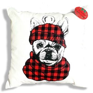 Holiday Frenchie Embroidered Pillow ◈ Plaid Beanie Winter